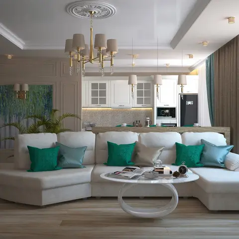 Render of an open-plan living room with a U-shaped cream sectional piled with emerald and teal cushions