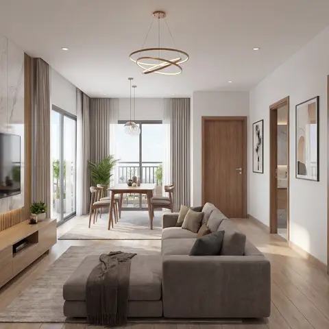 Render of an open-plan living and dining space with a marble TV feature wall, wood-plank flooring, and a balcony behind sliding doors.