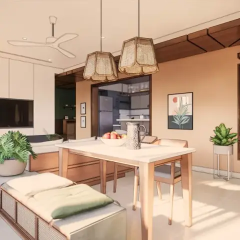 Render of an open-plan living-dining with a cane-fronted platform bench, a light-wood dining table under two woven cane pendants