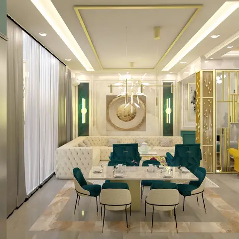 Render of an open-plan living-dining-kitchen space with a tufted cream sofa, a teal-and-gold dining set under a branching chandelier