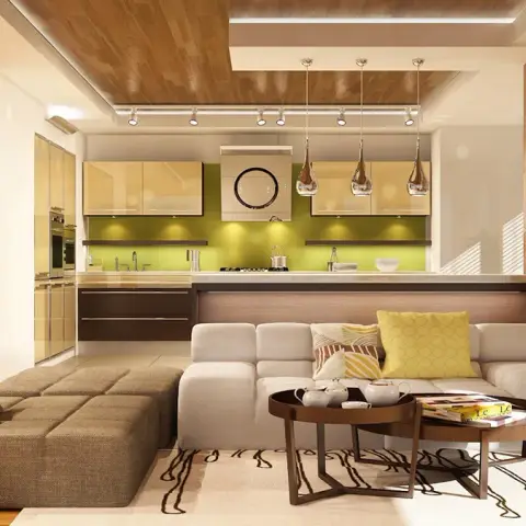 Render of an open-plan living-kitchen with a wood-clad ceiling, olive-green kitchen backsplash, teardrop pendant lights over the island