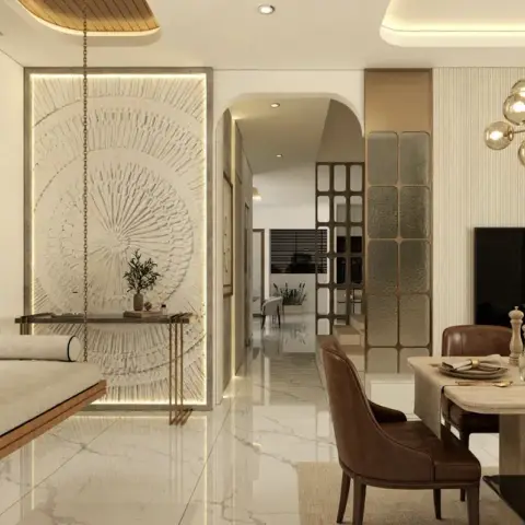 Render of an open-plan living-dining space with a chain-hung swing seat, a circular textured stone accent wall