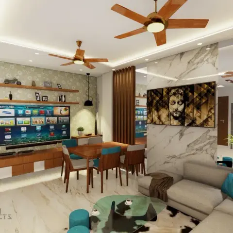 Render of an open-plan living-dining space with a grey sectional sofa and teal cushions facing a wood TV console
