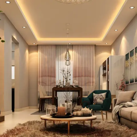 Render of an open-plan living-dining space with a cove-lit ceiling, ombre sheer curtains behind a dining table under a teardrop pendant