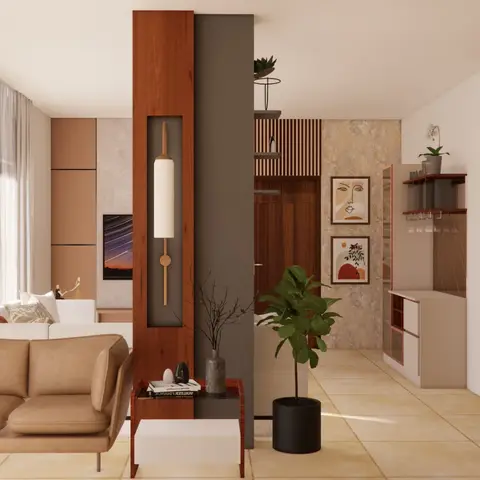 Render of an open-plan living, bar and entrance space with a wood-and-grey partition wall, tan leather sofa