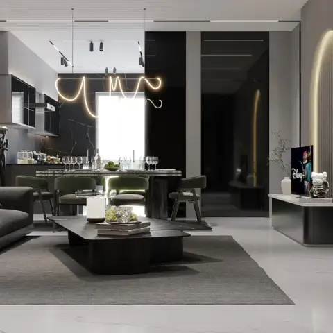 Render of an open-plan living-dining-kitchen space in a monochrome grey palette, with a dark L-shaped sofa and sculptural coffee table facing a squiggly neon