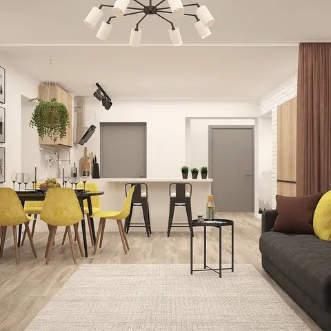 Render of an open-plan living-dining-kitchen space with mustard yellow dining chairs, a sputnik chandelier, a dark grey sofa
