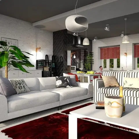 Render of an open-plan loft living area: a grey sofa facing a black-and-white striped sofa across a deep red shag rug, whitewashed brick walls