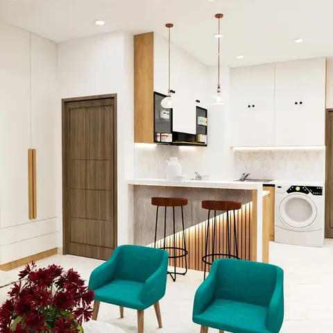 Render of an open-plan studio apartment showing a bed nook with an arched mirror, and a kitchenette with a marble bar counter and stools.
