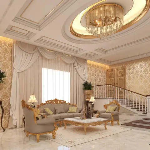 Render of an ornate living room with gold carved-frame sofas on a cream rug, gold damask wallpaper