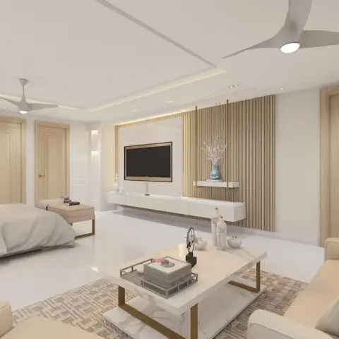 Render of an oversized bedroom suite where the bed and a foot-of-bed bench sit against a moulded white wall