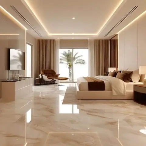 Render of an oversized master bedroom whose mirror-polished onyx-veined marble floor reflects a stepped cove-lit ceiling