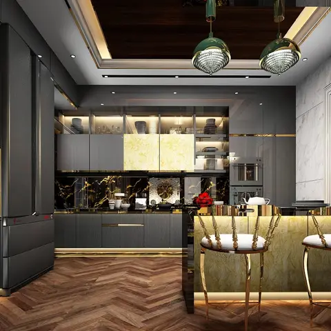 Render of an ultra-luxury kitchen with a gold-veined marble backsplash and island cladding