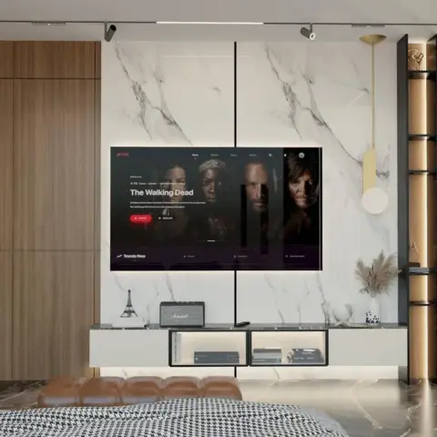 Render of the TV wall opposite a bed dressed in houndstooth, with the screen floating on a book-matched statuario slab panel