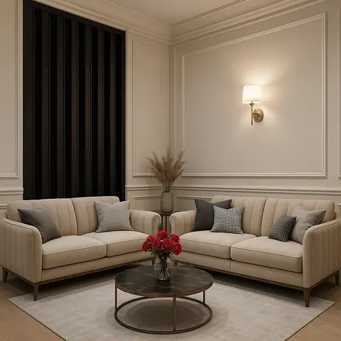 Render of two beige channel-back sofas set at right angles on an ivory rug, a black marble round table with a brass frame between them