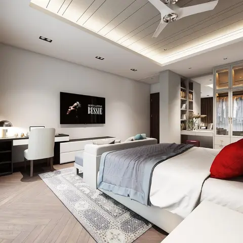 Render shot from the pillow of a wide bedroom, with a glass-fronted lit wardrobe and dressing nook tucked behind the bed partition