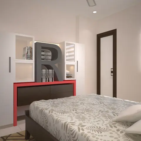Render where an oversized grey letter R doubles as a book niche, sitting on a red-framed headboard console between white open-and-shut wall boxes.