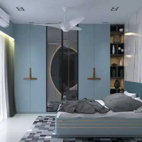 Rendered bedroom done in dusty teal: a wardrobe run with slim oak T-handles broken by a mirrored bay holding a backlit oval