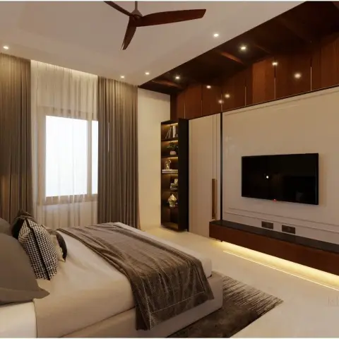 Rendered bedroom where a dark walnut rafter-style ceiling runs over the wardrobe wall and meets an ivory routed-moulding TV panel above a floating console lit