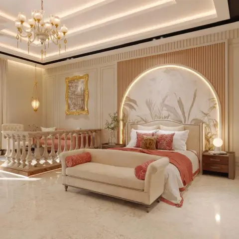Rendered bedroom where an arched tropical-leaf mural outlined in concealed LED sits behind a curved cream headboard