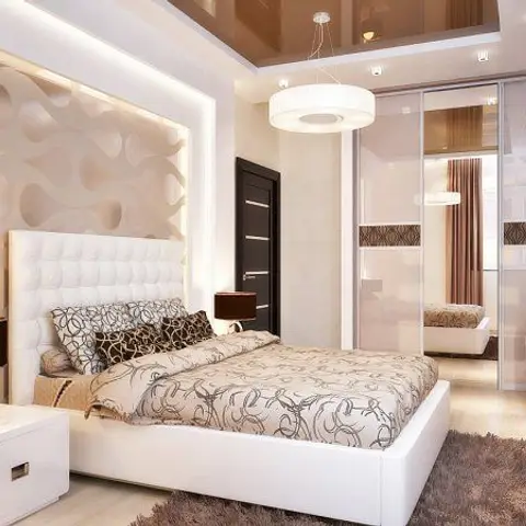 Rendered bedroom with a backlit 3D wave-pattern wall panel behind a white tufted bed, a glossy bronze ceiling, mirrored wardrobe and a drum pendant light