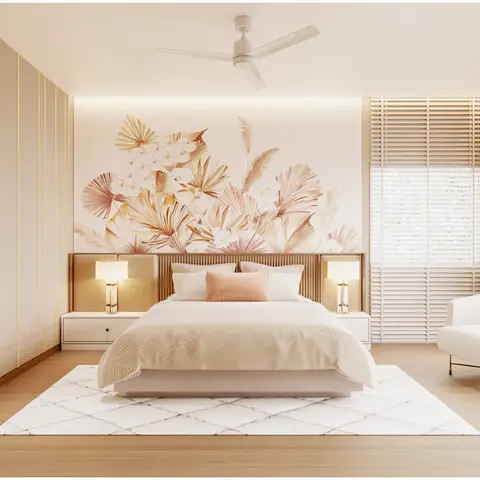 Rendered bedroom with a blush botanical mural behind the bed, a fluted cream-and-gold wardrobe wall, matching bedside lamps