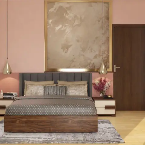 Rendered bedroom with a blush-pink accent wall, a channel-tufted grey headboard, a walnut bed frame