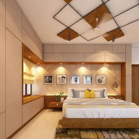 Rendered bedroom with a bold geometric wood-and-black-line false ceiling and a chevron wood headboard wall hung with a gallery of framed family portraits.