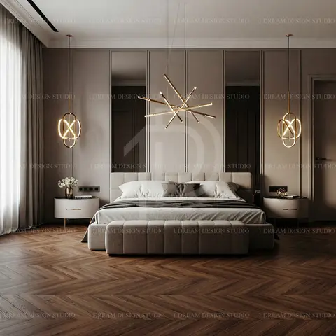 Rendered bedroom with a channel-tufted taupe bed and bench under a sculptural gold linear pendant