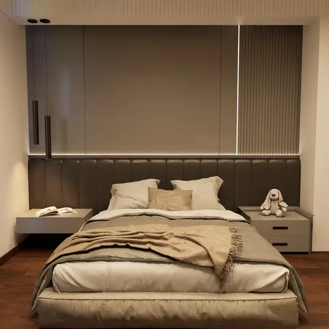 Rendered bedroom with a channel-tufted upholstered headboard wall, floating nightstands and a stuffed toy on the pillow signalling a child's room
