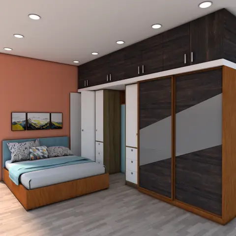 Rendered bedroom with a coral accent wall behind a teal-upholstered bed, a triptych of mountain landscape prints