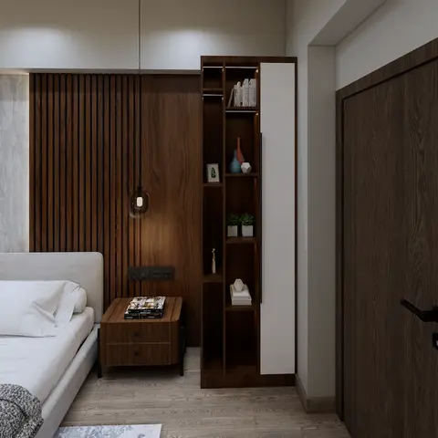 Rendered bedroom with a fluted walnut wood-slat wall behind the bed and an open walnut display shelf styled with books and small decor.
