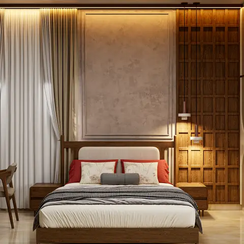 Rendered bedroom with a fluted wood wardrobe wall, a raised stone-textured wall panel with cove lighting above the upholstered bed