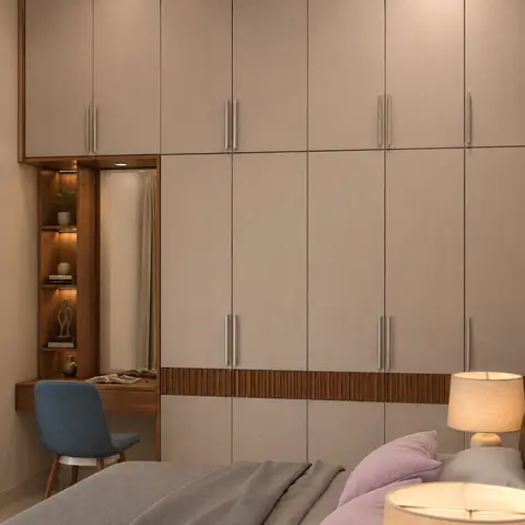 Rendered bedroom with a full-height beige wardrobe wall with a fluted-wood kick band, a built-in dressing mirror nook with lit display shelves