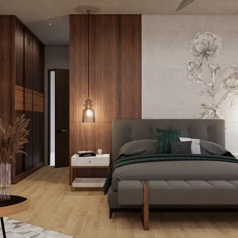 Rendered bedroom with a grey tufted bed and matching bench, a wood-panelled and linen-textured wall with a hand-drawn floral mural, glass bell pendant lights