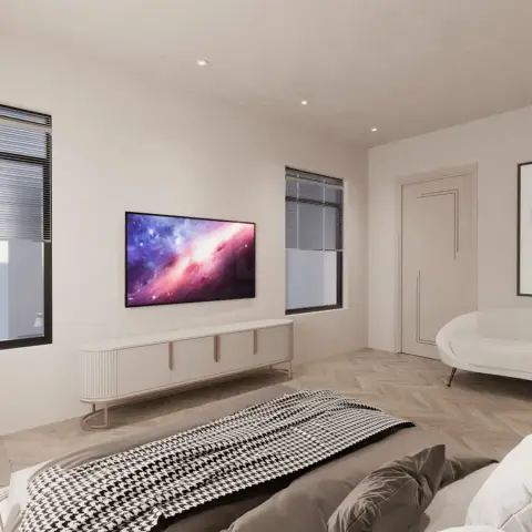 Rendered bedroom with a houndstooth-throw bed facing a rounded fluted-front TV console, a curved cream bench sofa, and light oak herringbone parquet flooring.