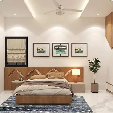 Rendered bedroom with a low teak platform bed whose headboard panel carries chevron groove inlays and runs on into attached bedside ledges