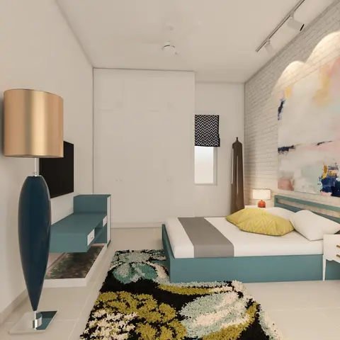 Rendered bedroom with a teal upholstered bed against a white exposed-brick accent wall hung with a large abstract painting, and a patterned shag rug.