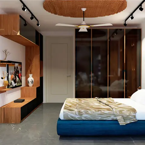 Rendered bedroom with a teal velvet upholstered bed, a glossy dark wardrobe with gold trim, and a woven rattan circular ceiling feature above.