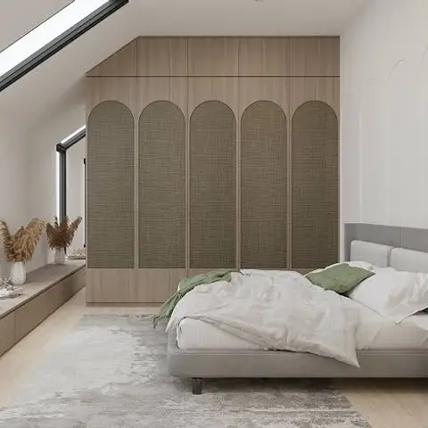 Rendered bedroom with an arched cane-panel wardrobe wall under a sloped skylight, a grey upholstered bed with olive and white linens