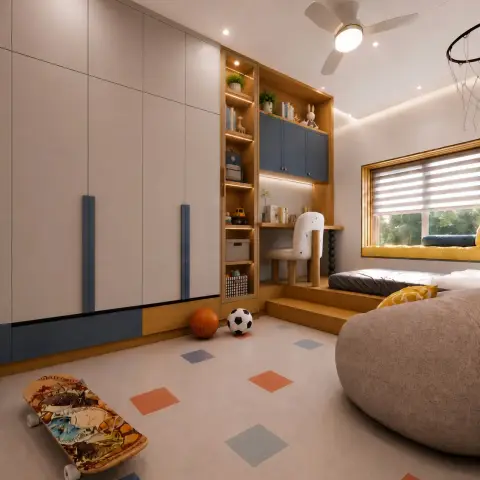 Rendered child's room where the mattress sits on a stepped oak platform beside a cushioned window seat