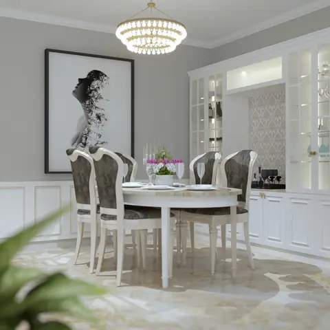 Rendered classic dining room with an oval marble-top table and grey velvet French-style chairs beneath a tiered crystal chandelier