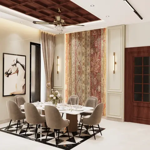 Rendered dining room with a coffered dark-wood ceiling, marble-top table on a black-and-white geometric marble floor inlay and an ornate tapestry wall panel