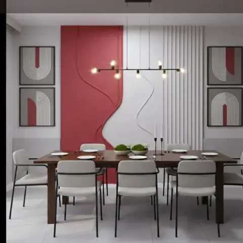 Rendered dining room with a dark wood 8-seater table, white metal-leg chairs, and a sculpted red-and-white feature wall behind a linear pendant light.