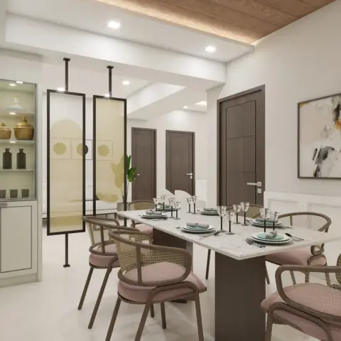 Rendered dining room with a marble-top table, cane-back chairs, a glass-front crockery unit and hanging glass partition screens