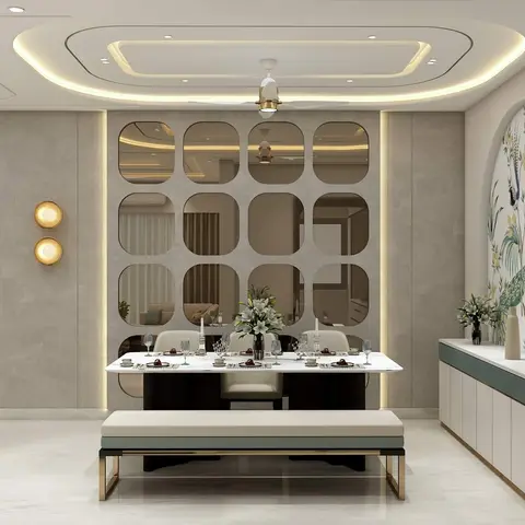 Rendered dining room with a marble-top table and bench in gold-trimmed frames, a geometric grid of rounded mirror panels as a full accent wall