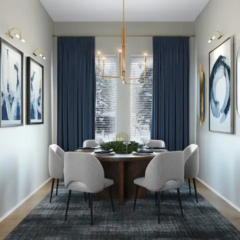 Rendered dining room with a round dark-wood pedestal table, boucle chairs, navy velvet drapes and a brass chandelier flanked by indigo abstract art