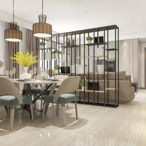 Rendered dining zone with an oval table on a sculptural black steel base, six beige chairs with teal seat pads