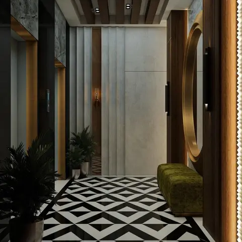 Rendered entrance foyer with a bold black-and-white geometric marble floor, a circular brass-framed mirror and an olive velvet bench against a ribbed wood door