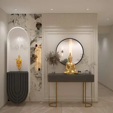 Rendered entrance foyer with an arched pooja niche housing a gold Krishna idol beside a console table with a round mirror and a Buddha statue